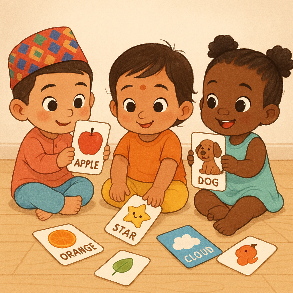 Diverse toddlers and parents engaging with learning materials